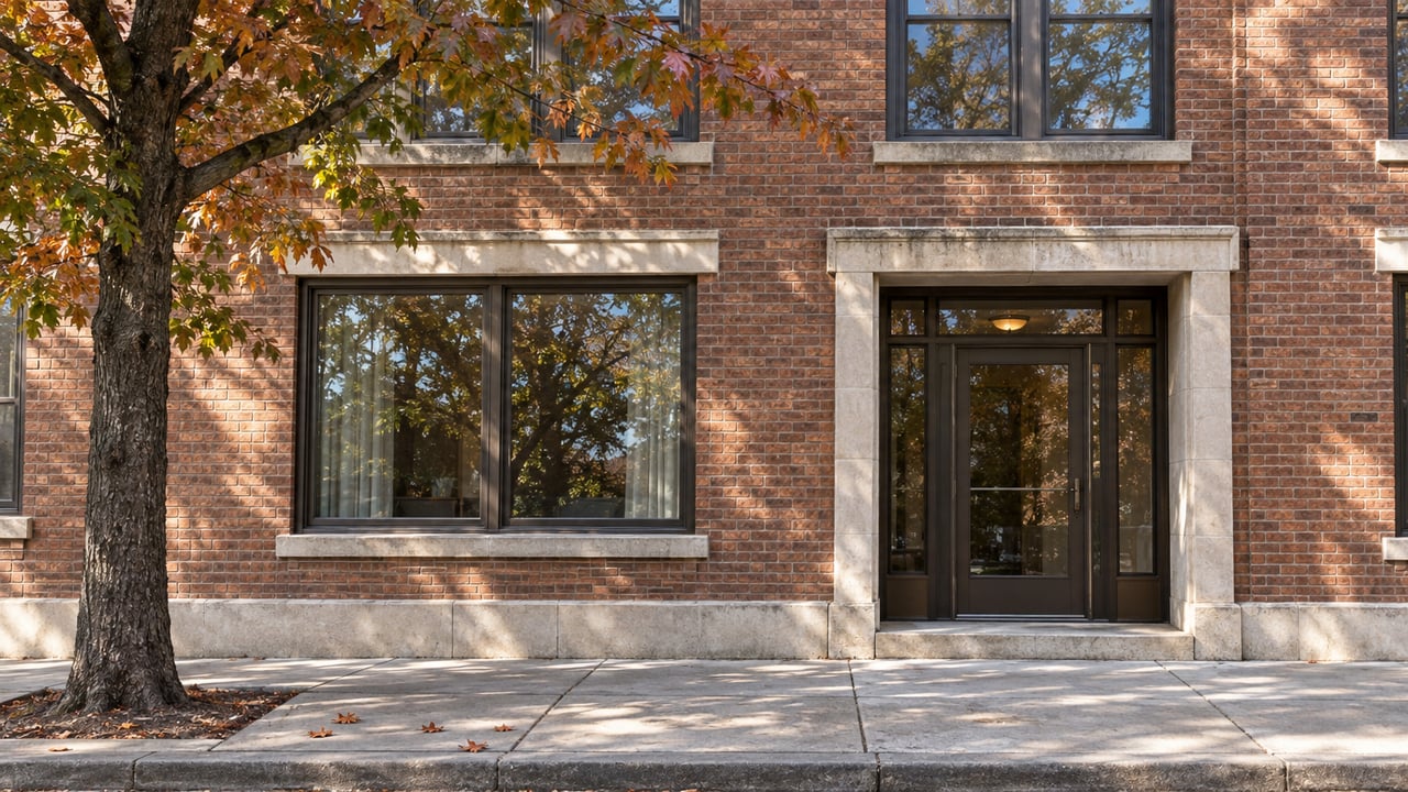Brick condominium facade with bronze-framed windows, beside a russet-leaved oak and concrete sidewalk.