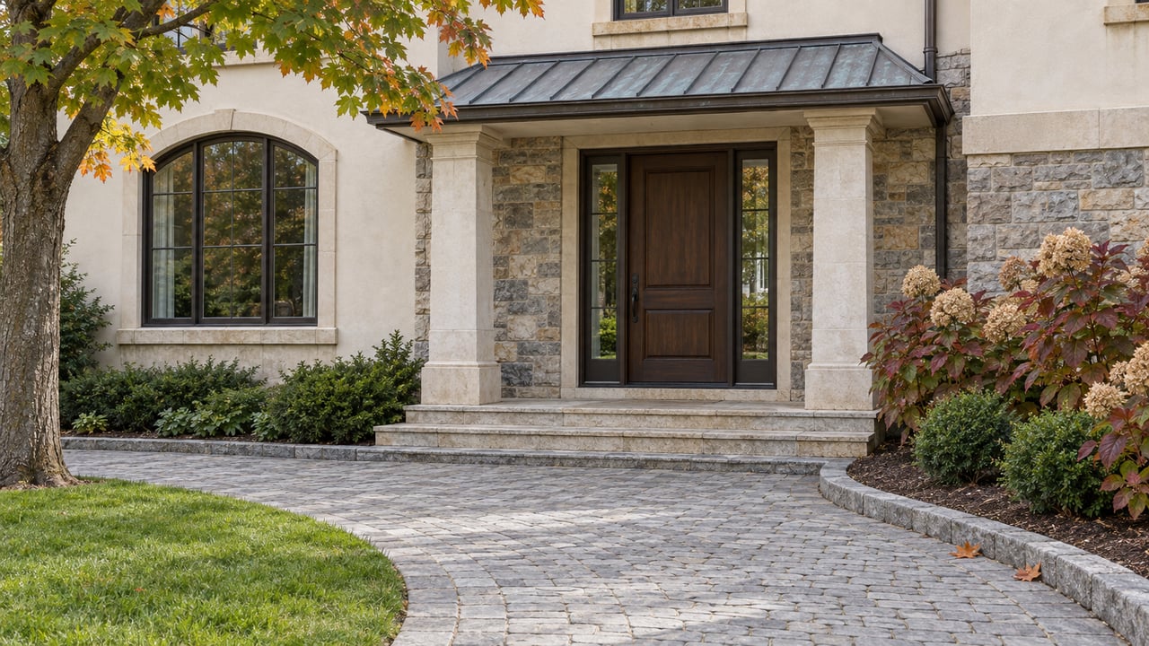 Ivory and stone home entrance with paired limestone columns, a curved granite approach, a maple tree and oakleaf hydrangeas.
