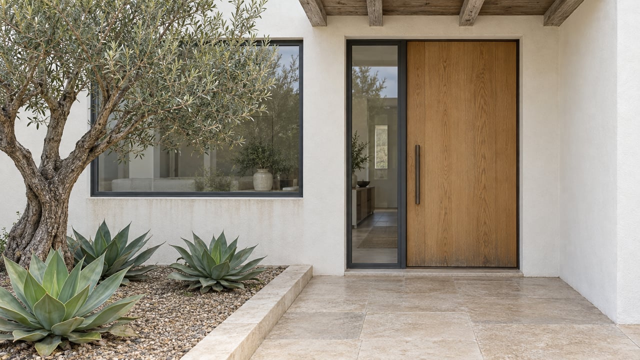 White stucco home entrance with an oak door, limestone walkway, sculptural olive tree and agave planting.