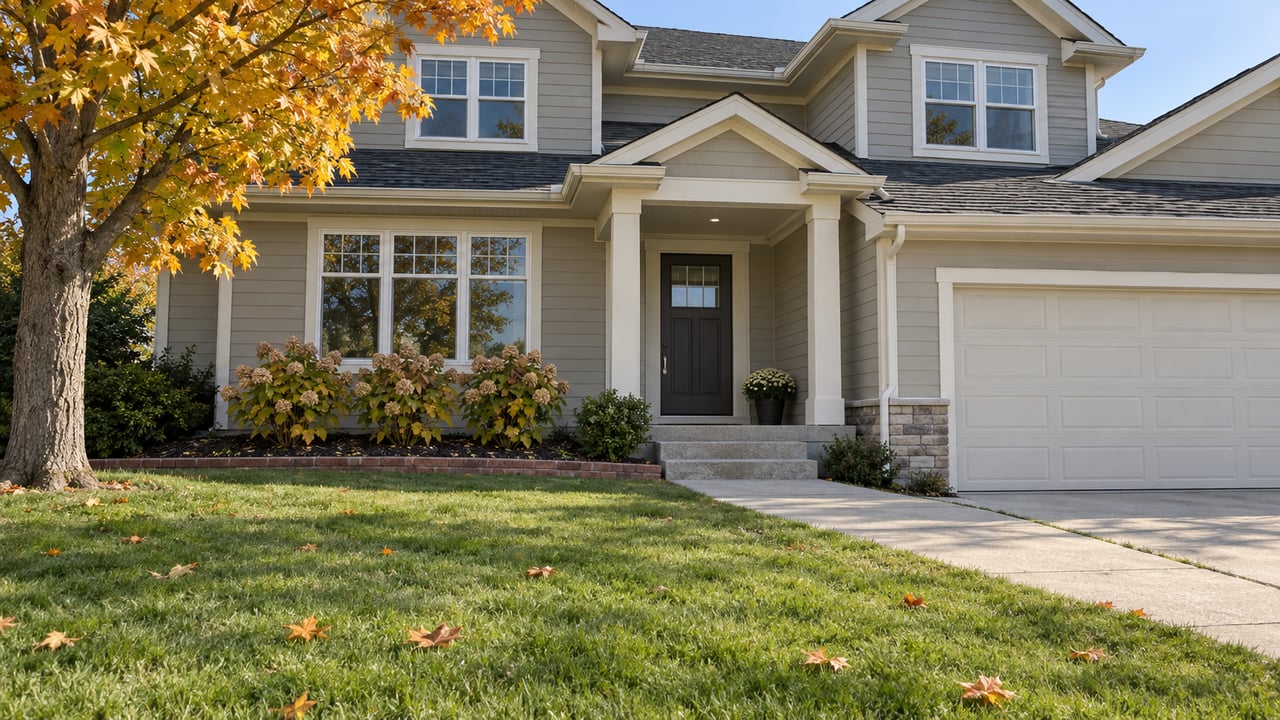 Updated light-gray gabled house with a broad front lawn, concrete entry walk, orange maple canopy and autumn hydrangeas.
