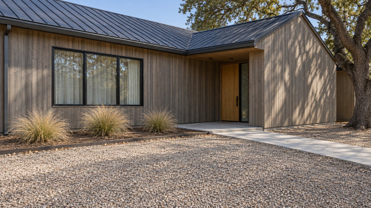 Cedar-clad single-story home with a dark standing-seam roof, recessed oak entrance and broad gravel court beside a mature oak.