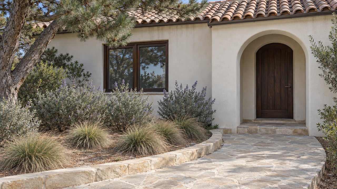 Pale stucco home with a terracotta roof, recessed arched oak doorway and sandstone garden path beside a wind-shaped pine.
