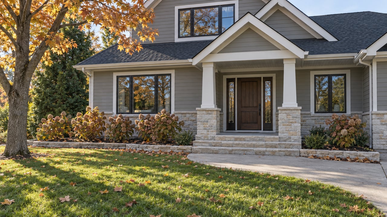 Late-autumn garden and curved concrete walk leading to a grey gabled home with limestone porch steps and amber maple foliage.