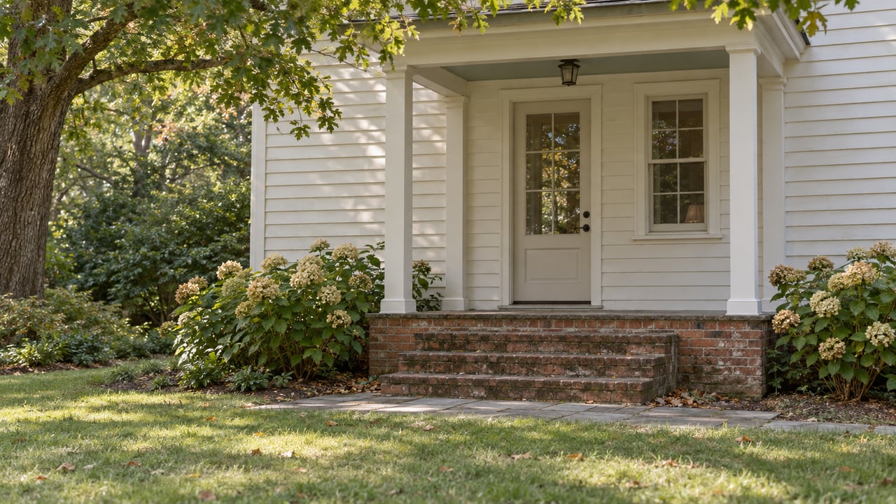Older clapboard house’s covered rear entry with glazed door, brick steps, oak canopy, and late-season hydrangeas.