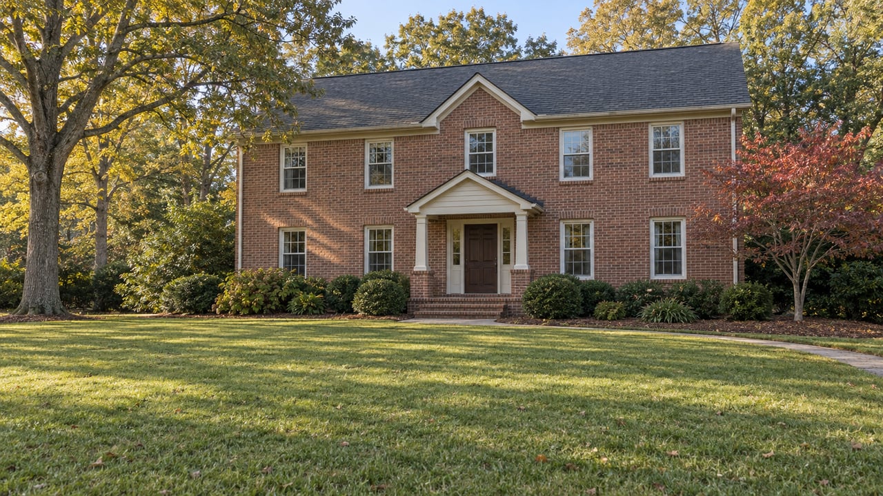 Established two-story brick home with a deep lawn, mature white oaks and a dogwood in early autumn light.