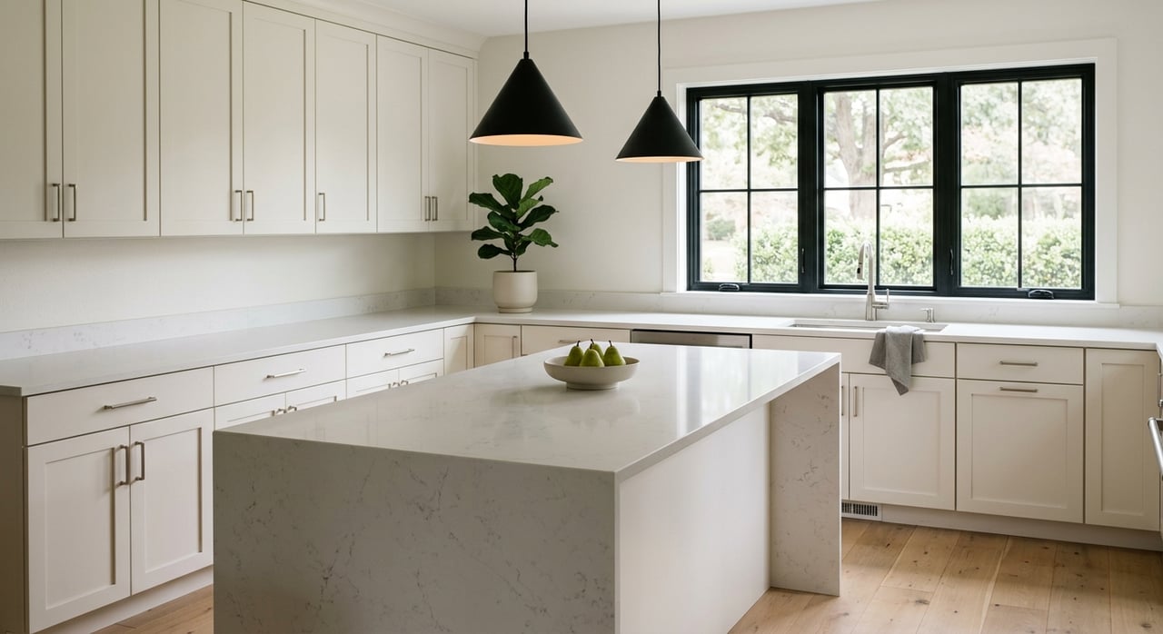 White kitchen island with brushed-steel faucet, warm-white cabinets, black pendants, and a multi-pane window.