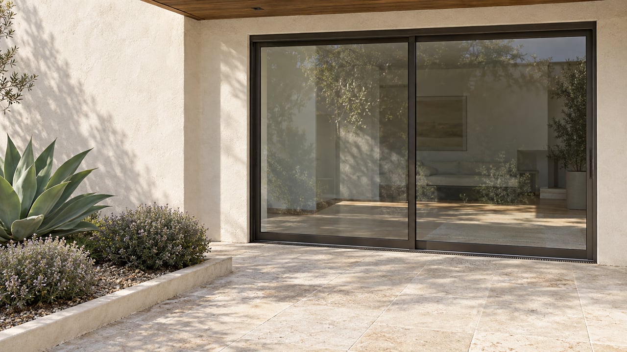Cream stucco courtyard with closed sliding glass doors, limestone terrace, and agave in a planted bed.