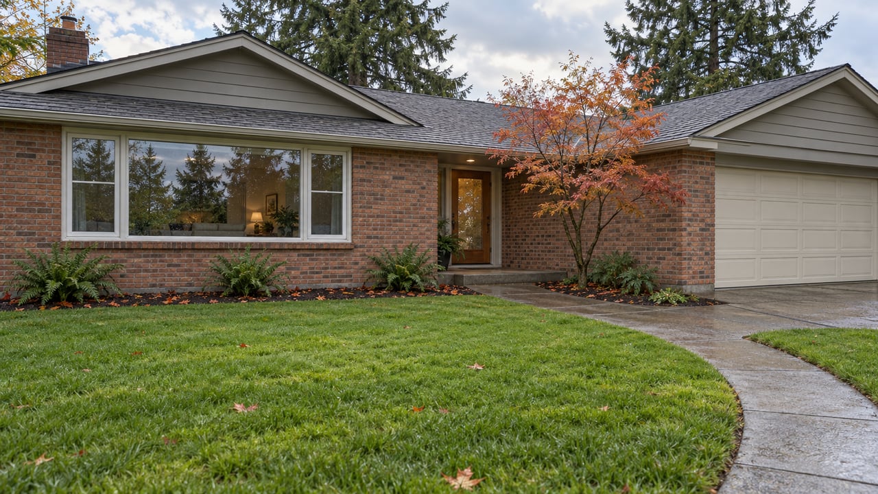 A low brick ranch with intersecting shingle roofs, a curved concrete entry walk, and a deep lawn beneath mature evergreen trees.