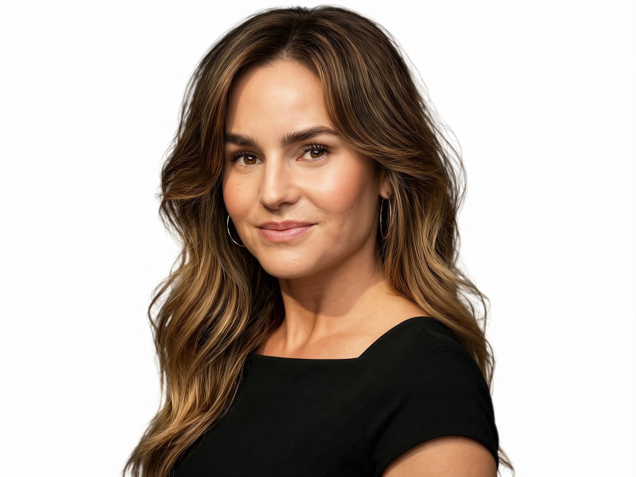 Morgan Mabry with long highlighted brown hair, hoop earrings, and a black top.