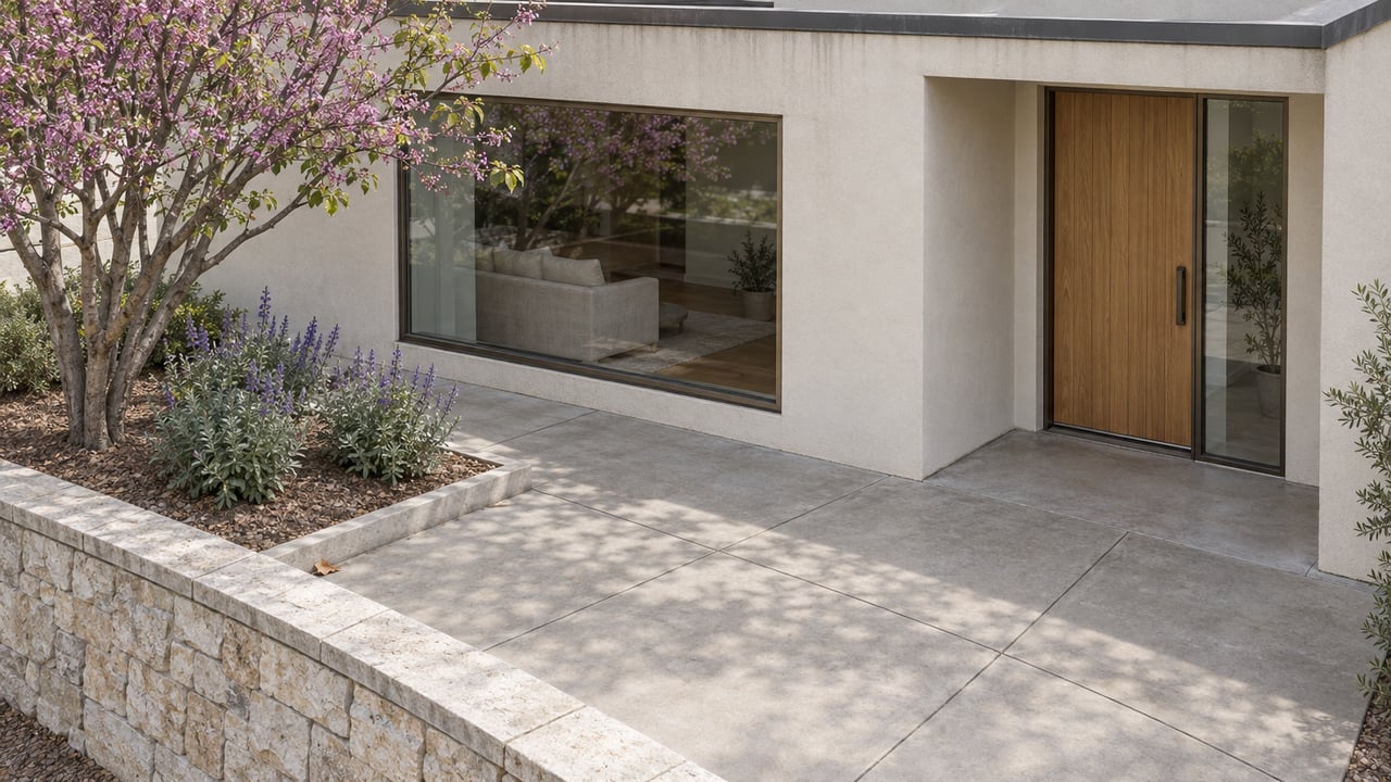 Elevated view of a stucco home's oak entrance, bronze-framed window, and limestone-edged terrace with a western redbud and Cleveland sage.