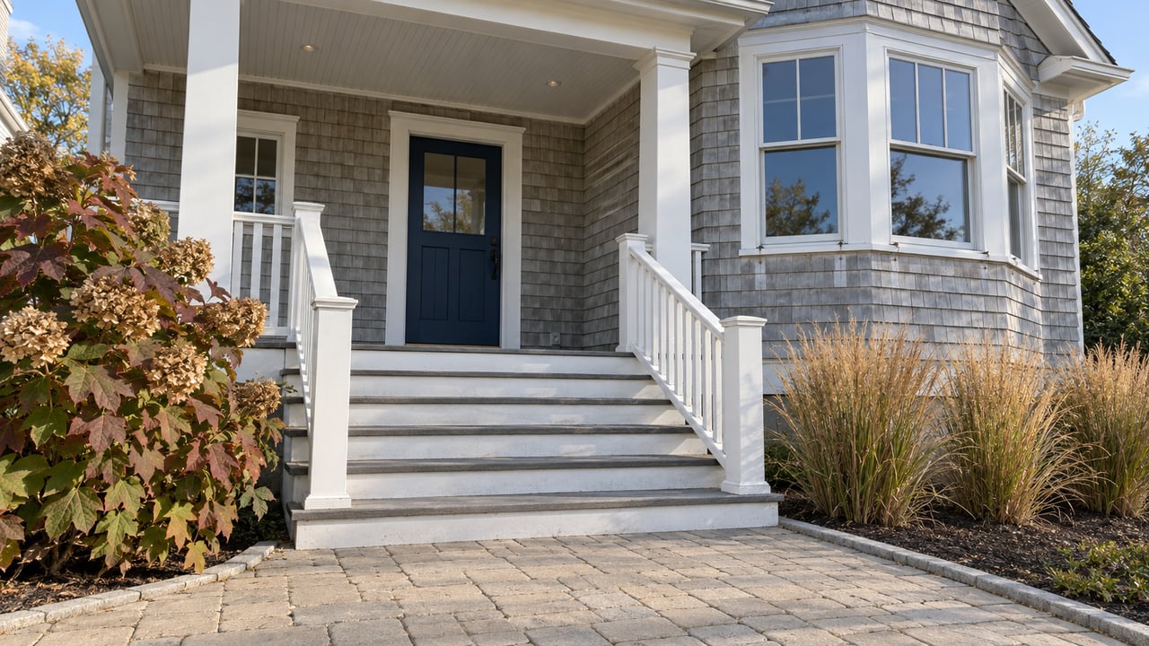 Elevated shingle house with white porch stairs, a navy entrance door, and autumn planting beside a sand-colored paver approach.