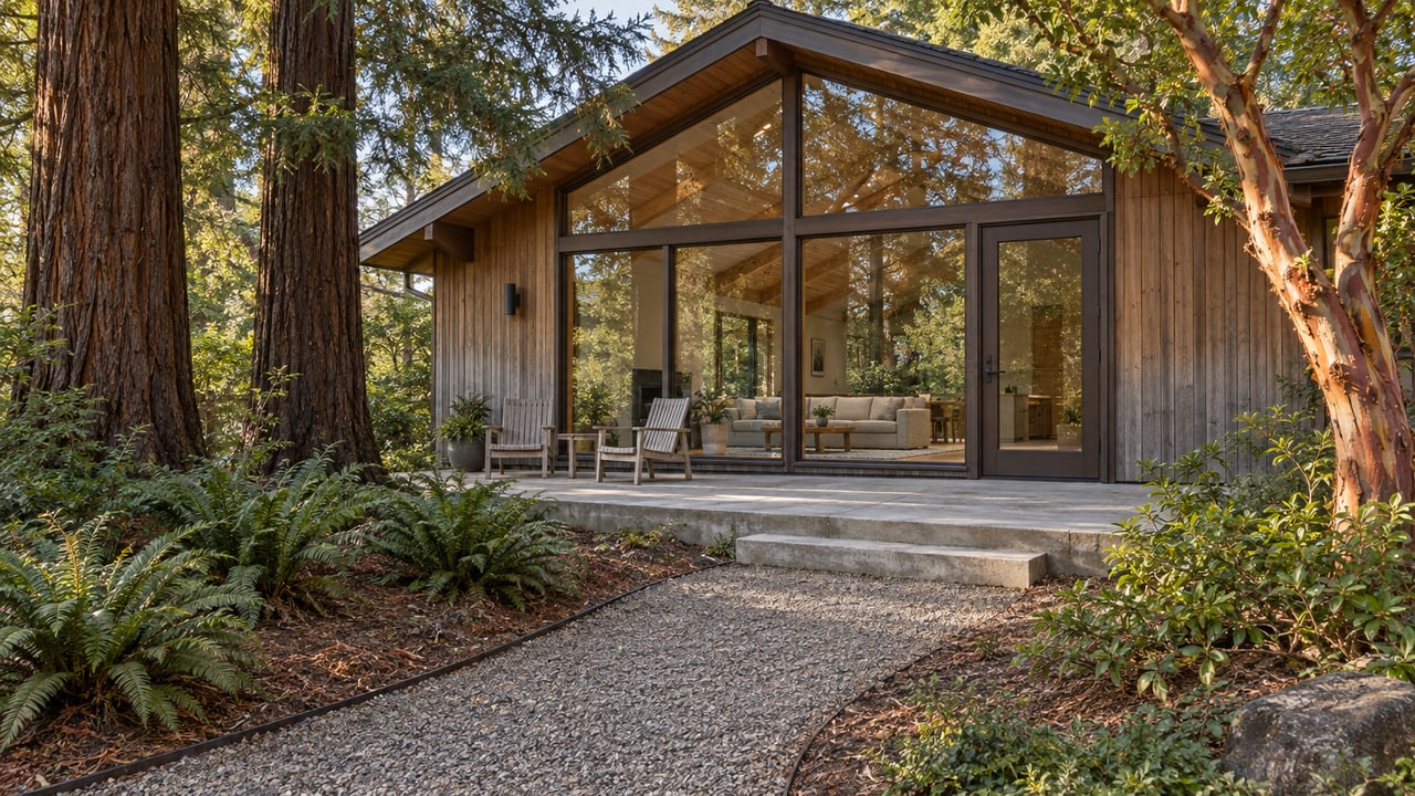 Cedar-sided home with a glazed gabled great room, concrete garden terrace, redwood trees and a gravel approach.