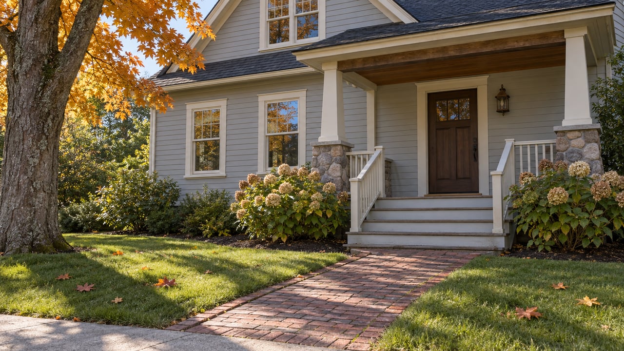 Gray house with a covered, stone-column porch and brick walkway beneath autumn leaves.