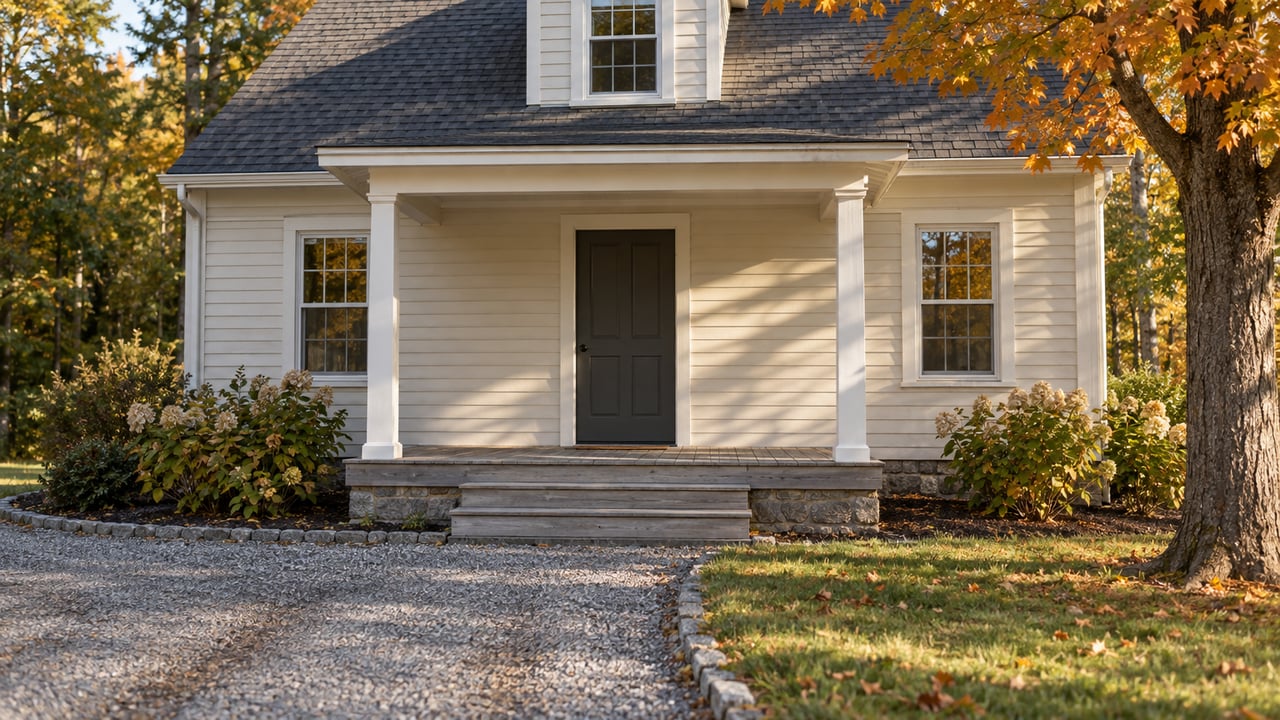 Cream clapboard cottage with a covered wood porch, gravel approach, and autumn sugar maple.