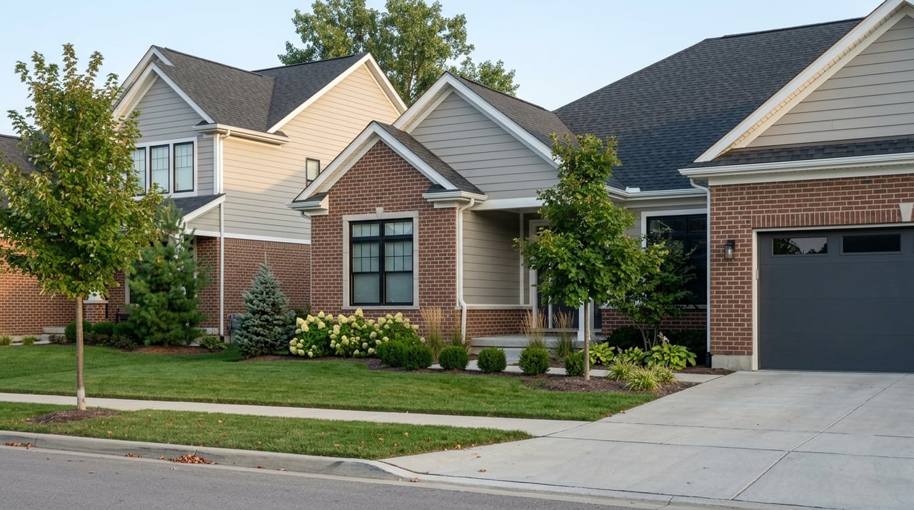 Two newer homes with mixed brick and fiber-cement siding, black-framed windows, garages, and foundation plantings.