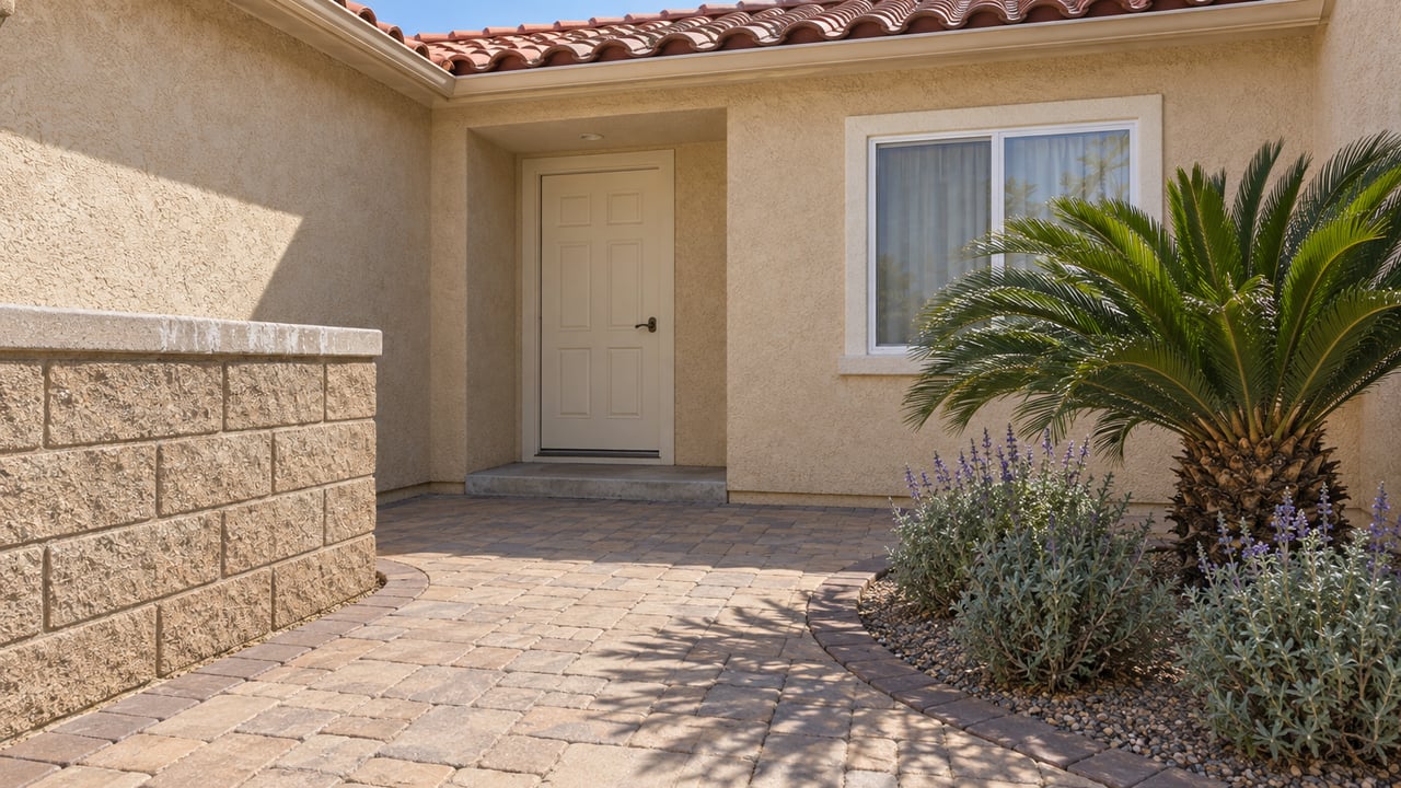 Sunlit stucco home entry with an ivory door, white-trimmed window, curved paver walk and a planted cycad beside a low block wall.