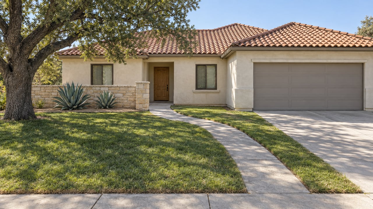 Sunlit stucco home with a terracotta tile roof, recessed courtyard entry, broad lawn and a mature oak.