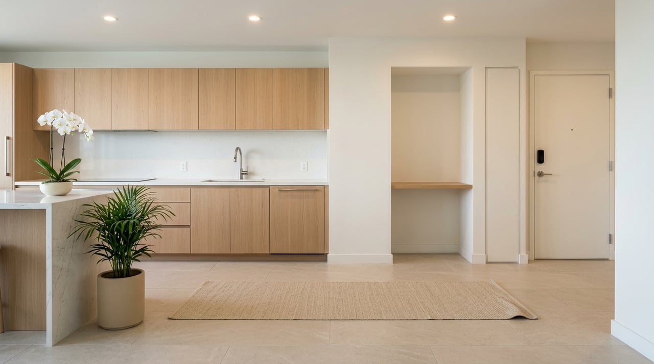 Open-plan condo kitchen with white oak cabinets, quartzite counters, tile floors, and a secure entry.