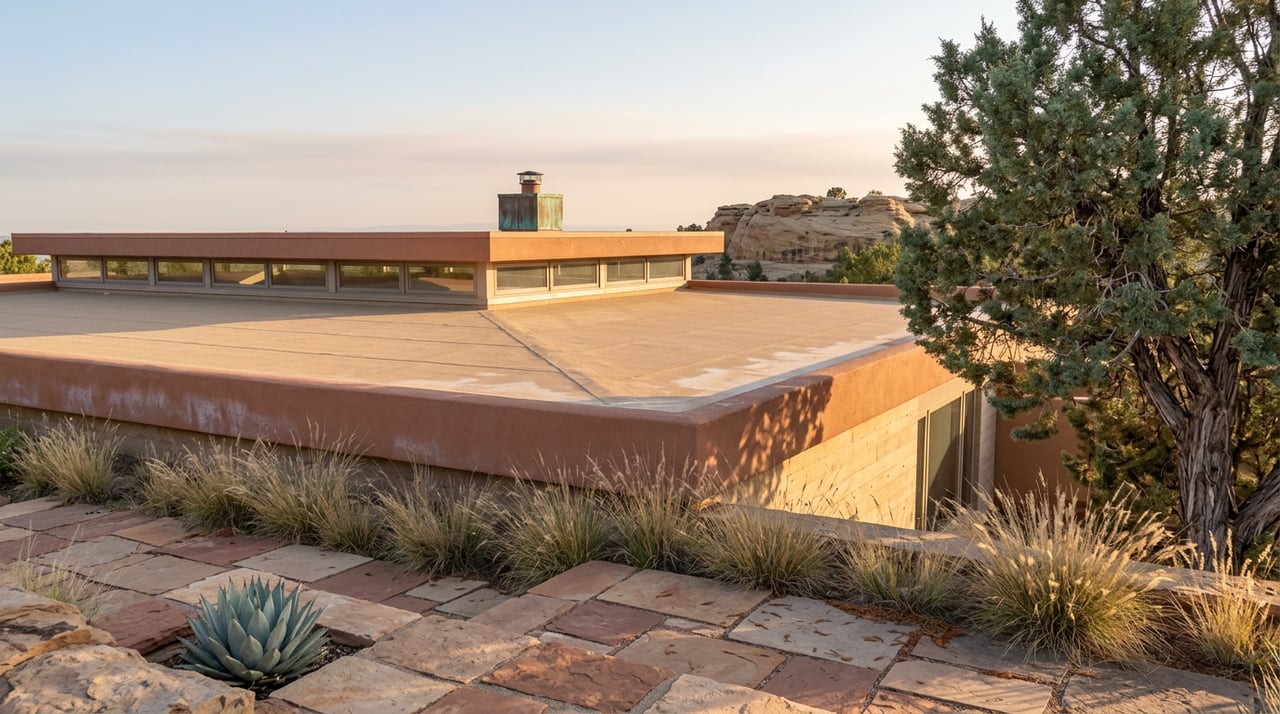 Flat sand-toned roof with copper chimney cap, flagstone terrace, and blue-green juniper beside a sandstone outcrop.