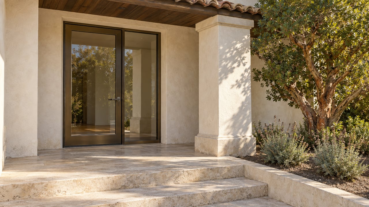 Sunlight crosses limestone entry steps beneath a timber porch beside a bronze-framed glass door and sculptural strawberry tree.