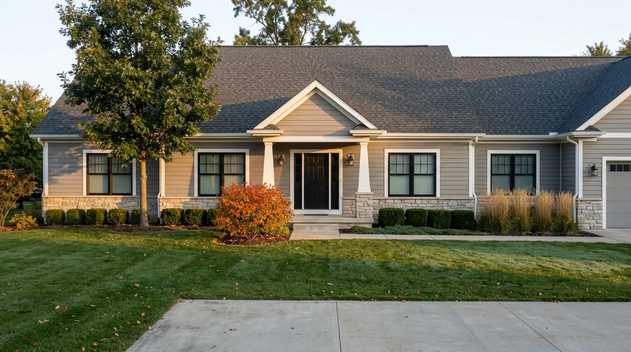 Dove-gray suburban house with a stone-based portico, black door, and orange-red serviceberry beside the entry.
