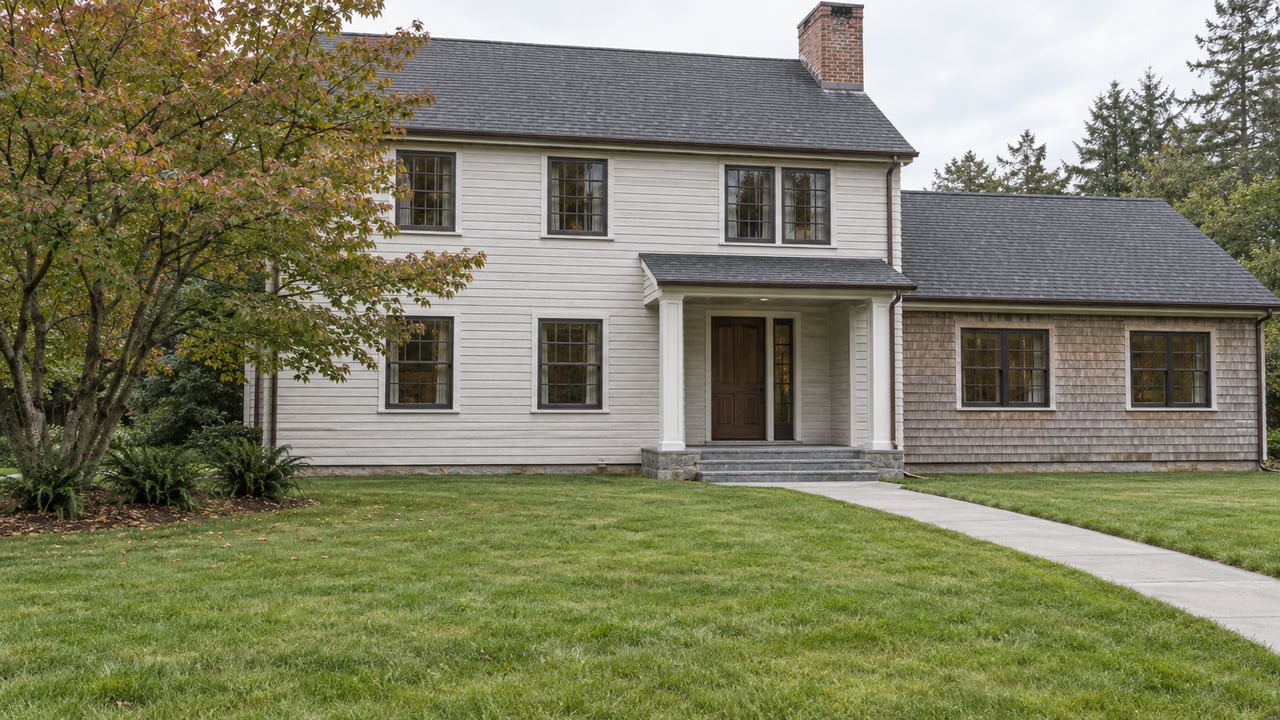 Two-story warm-white cedar house with charcoal roof, brick chimney, and broad lawn.