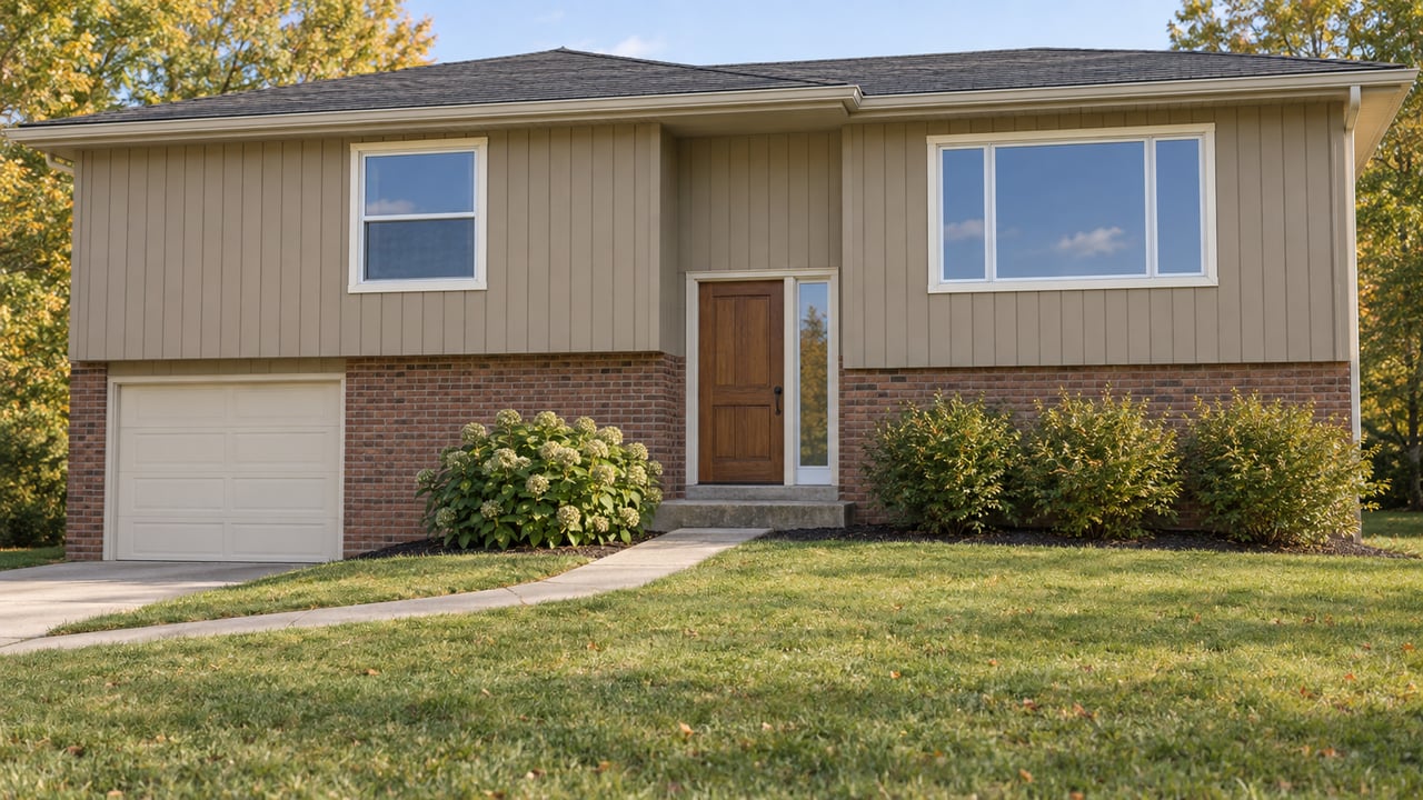 Split-level house with tan siding, reddish-brown brick, a single-car garage, and a concrete walk across the lawn.