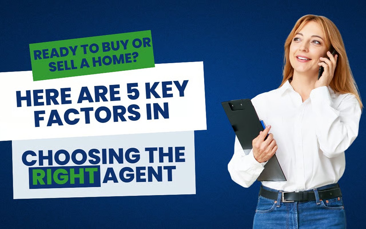 Graphic: “Ready to buy or sell a home? Here are 5 key factors in choosing the right agent,” beside a woman on the phone.