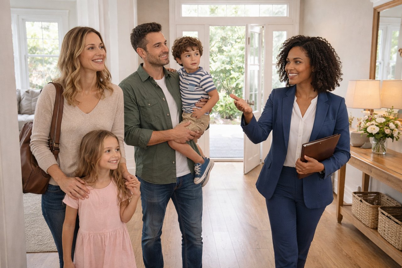 Family with children touring a Northern New Jersey home