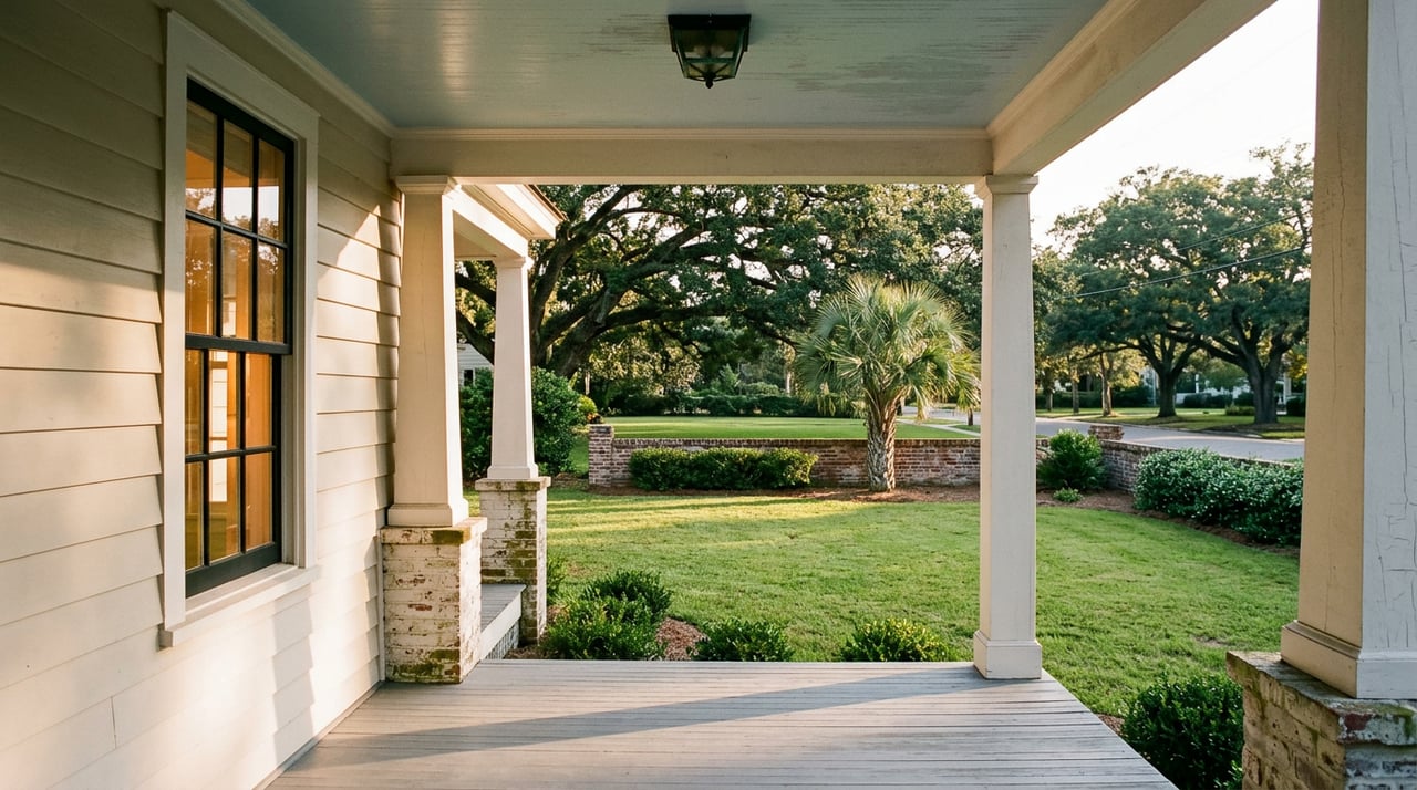 A Lowcountry porch with white columns overlooks a deep lawn, brick garden wall, and live oak trees.