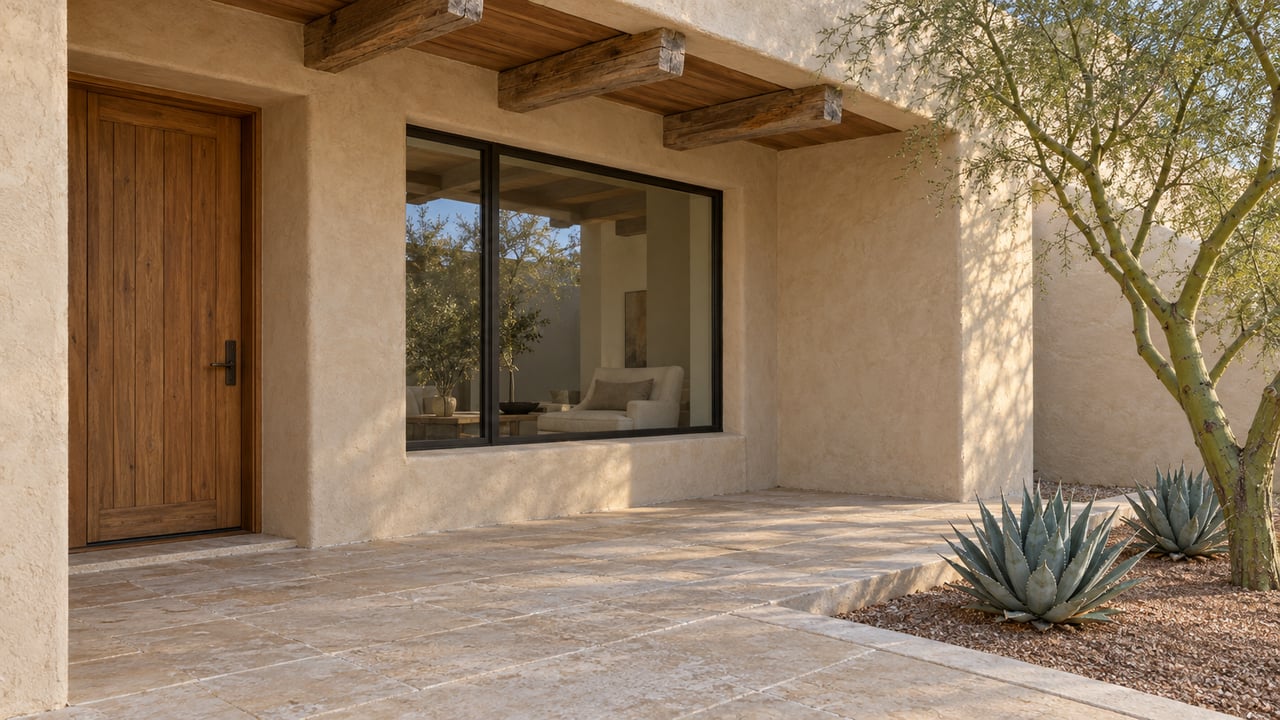 Sunlit lime-plaster home entrance with timber beams, a wooden door, limestone paving, and a sculptural desert tree beside two agaves.