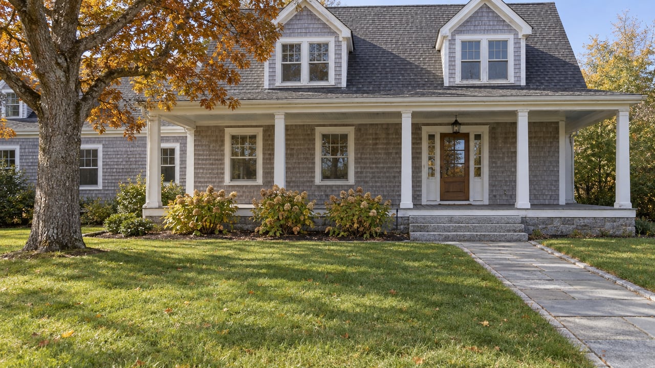 Weathered cedar-shingled home with a white-trimmed porch, granite approach, broad autumn lawn and a mature white oak.