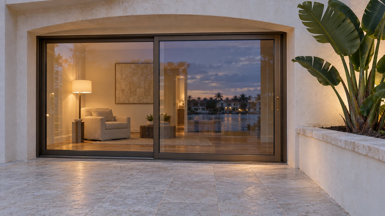 An ivory stucco home at blue hour, with warm light behind bronze-framed glass doors, pale limestone terrace paving and a single sculptural bird of paradise plant.