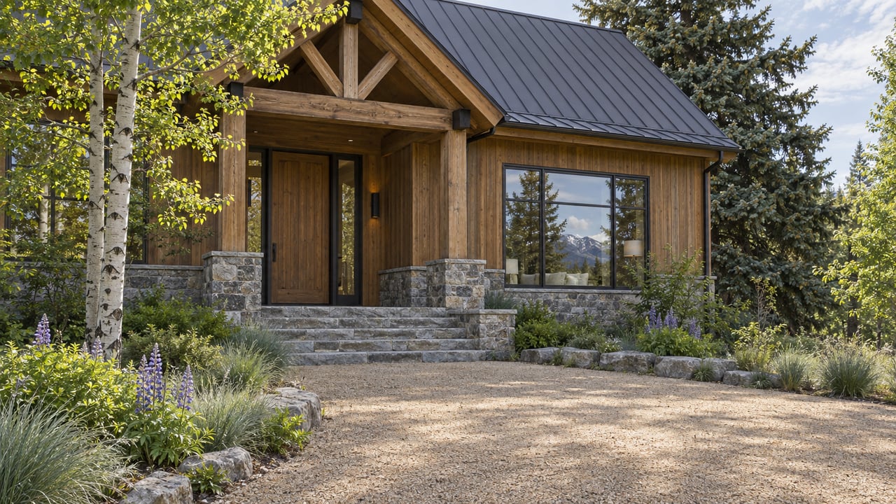 Cedar-sided mountain house with a recessed timber door, stone steps, and aspen beside the entry.