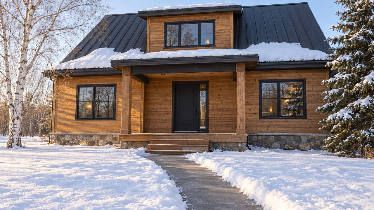 Timber-sided home with a snow-covered pitched roof, sheltered porch and cleared walkway across a broad winter lawn.