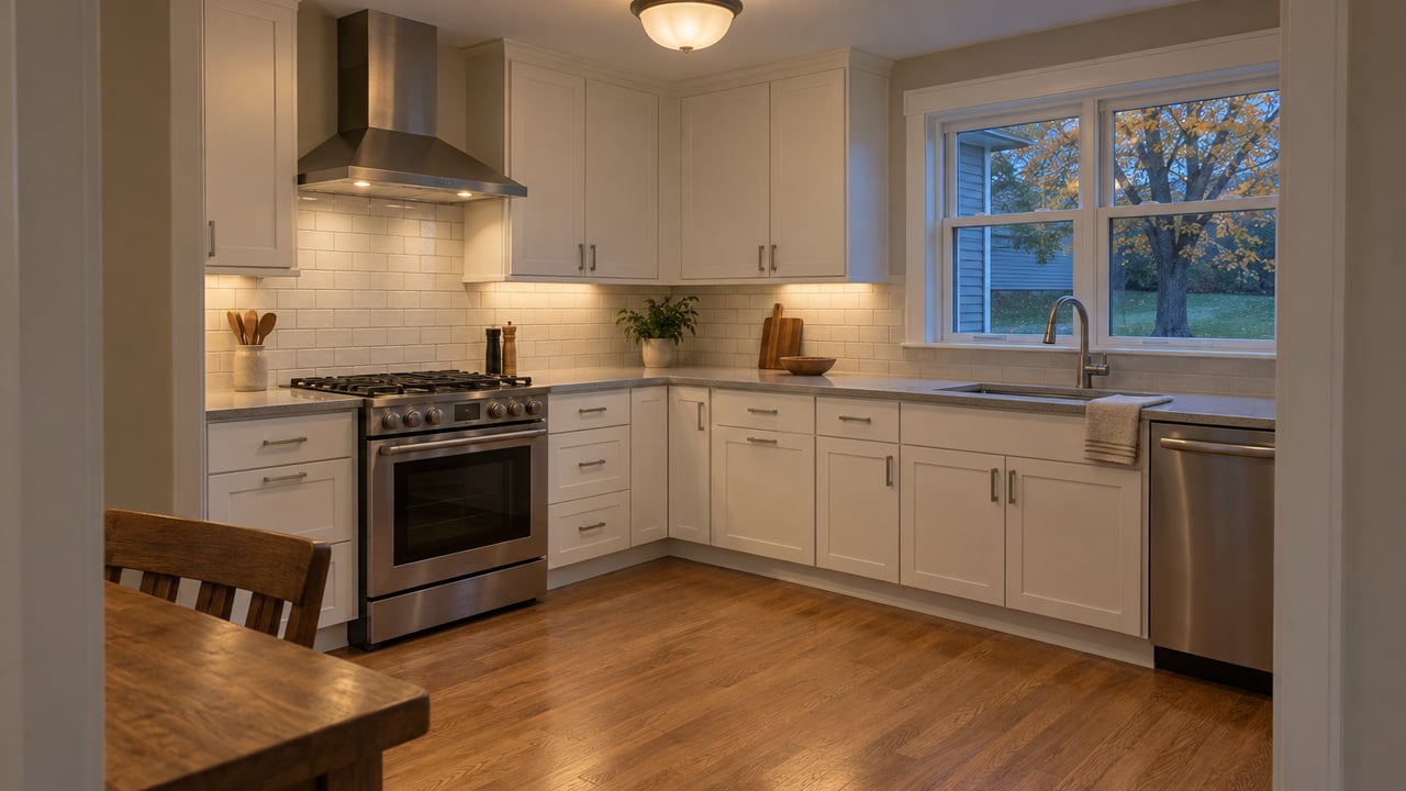 An updated white kitchen with quartz counters and worn oak flooring, lit warmly at twilight beside a closed window overlooking autumn leaves.