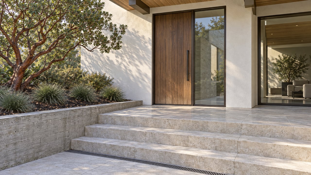 Limestone steps lead to a walnut entrance beneath an oak soffit, with white plaster walls and sculptural manzanita planting.