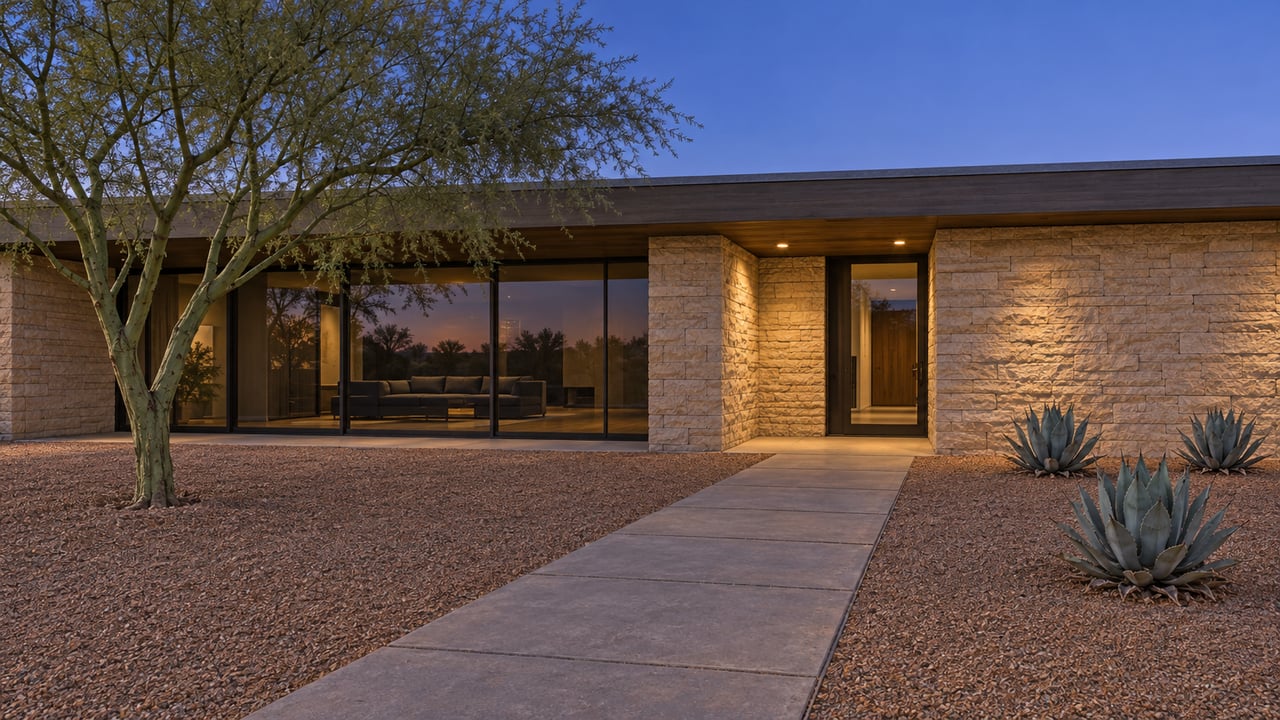 A low stone-and-glass home at dusk, with a broad paved approach, sculptural green-trunked tree and three agaves in a gravel forecourt.
