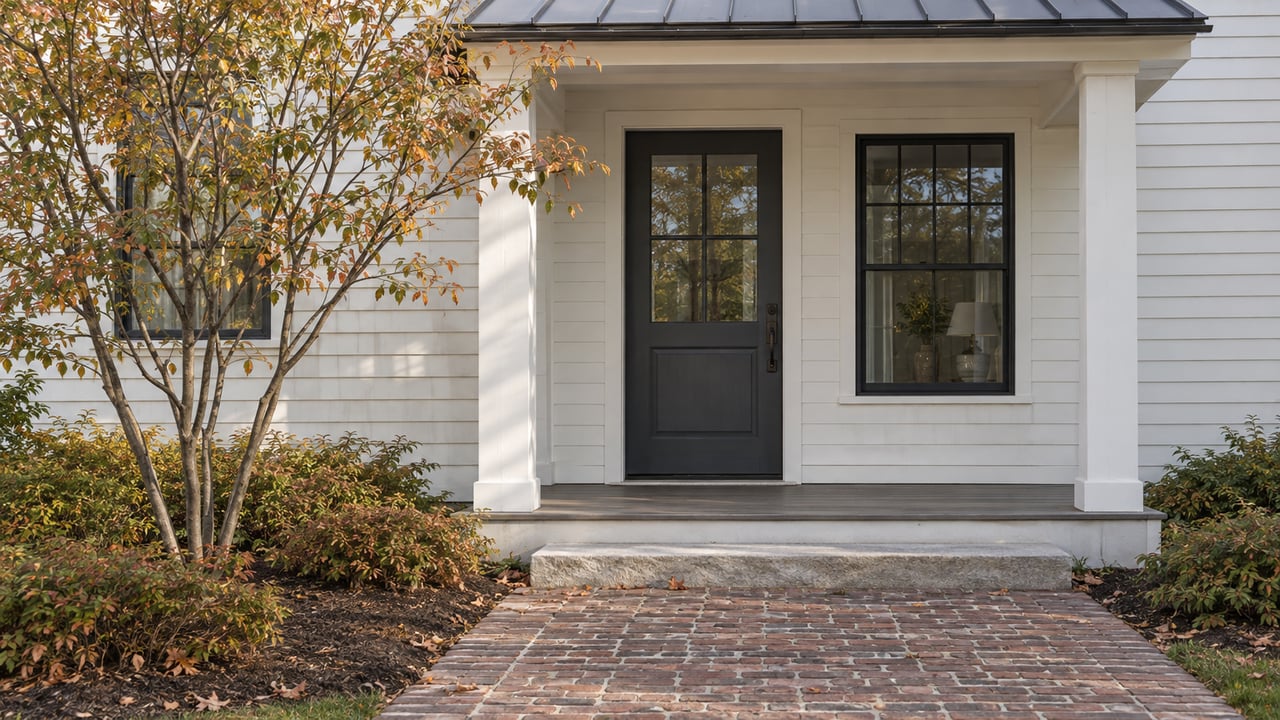 Coastal clapboard entry with a glazed oak door, divided-light window, brick path, and copper-leaved tree.