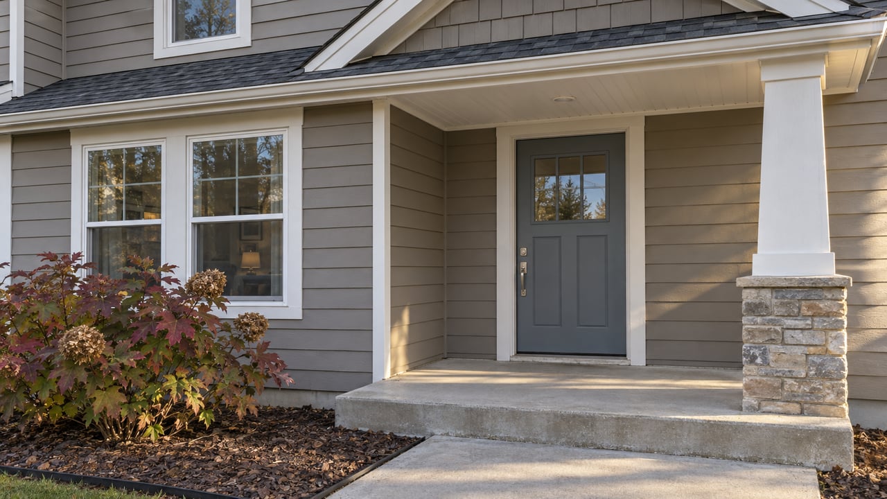 Close view of a taupe-sided home's covered entry, stone porch support, concrete walk and oakleaf hydrangea.