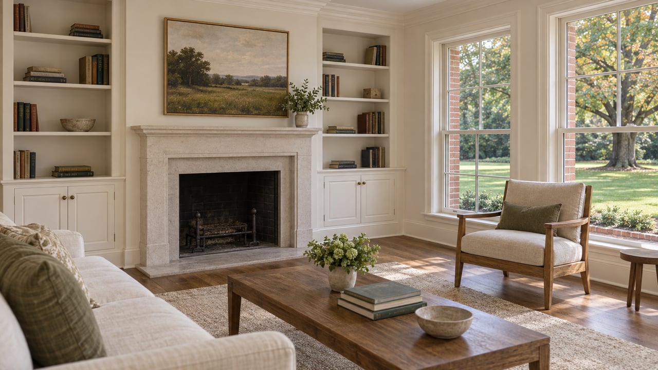 Sunlit sitting room with white built-ins, a limestone fireplace, oak floors and closed windows overlooking a mature deciduous tree.