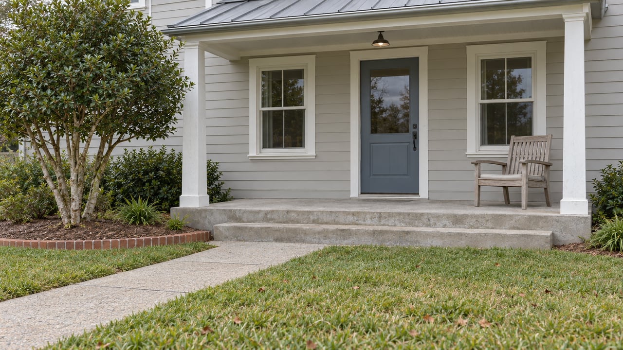 A pale clapboard cottage with a blue-gray front door, low concrete porch, teak chair, and carefully shaped yaupon beside a lawn.