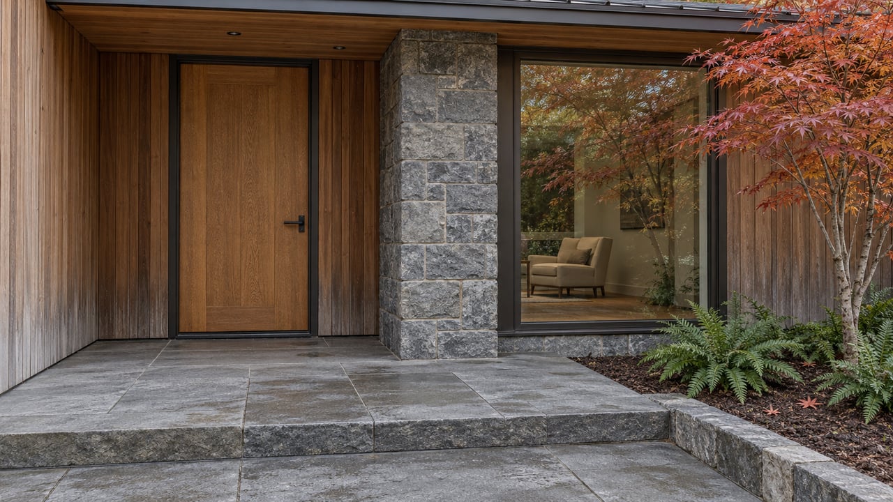 Cedar-clad home entrance with an oak door, basalt stonework, a gray stone landing, and a copper-red vine maple beside a large window.