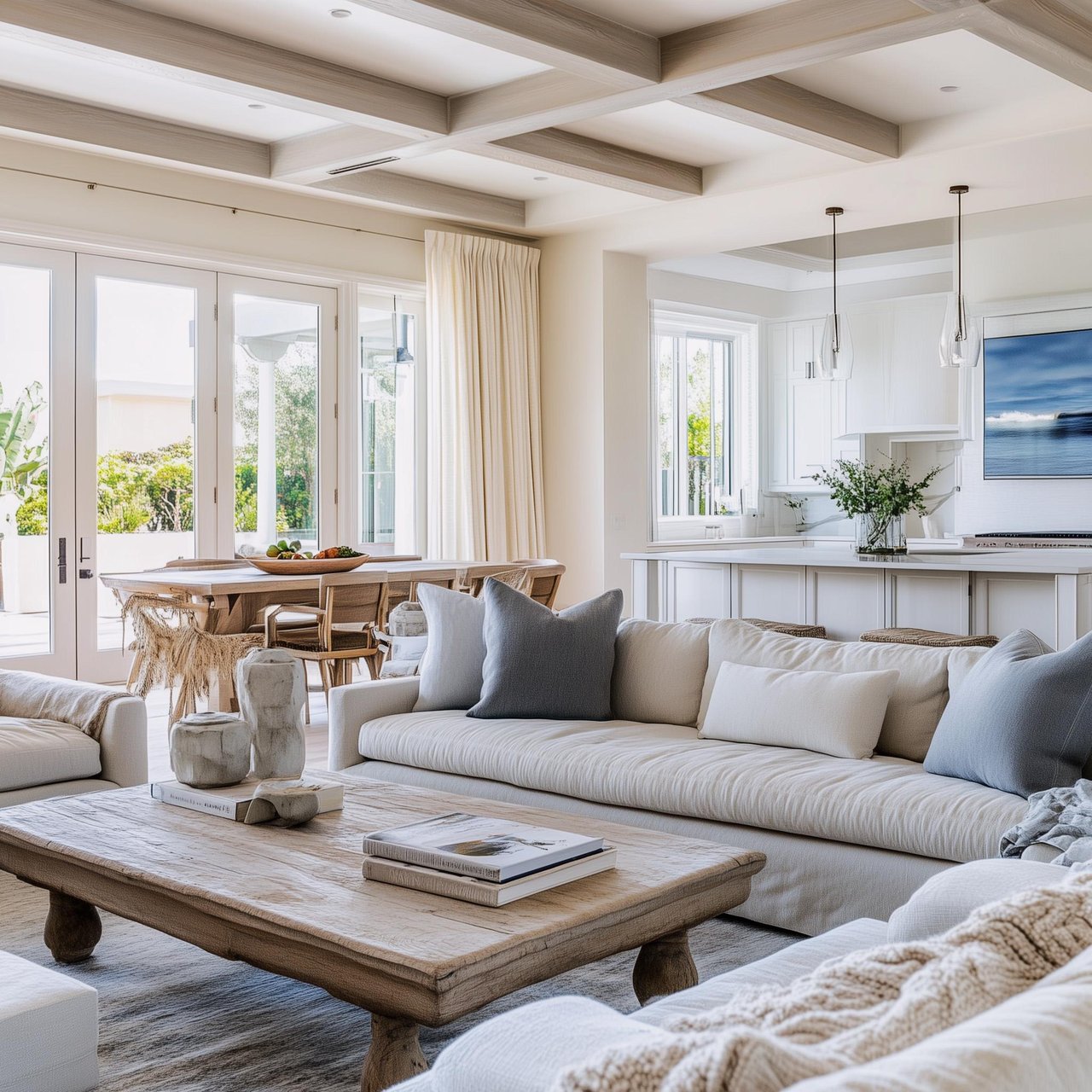 Open-plan living room with pale sofas, a wood coffee table, coffered ceiling, and adjoining white kitchen.