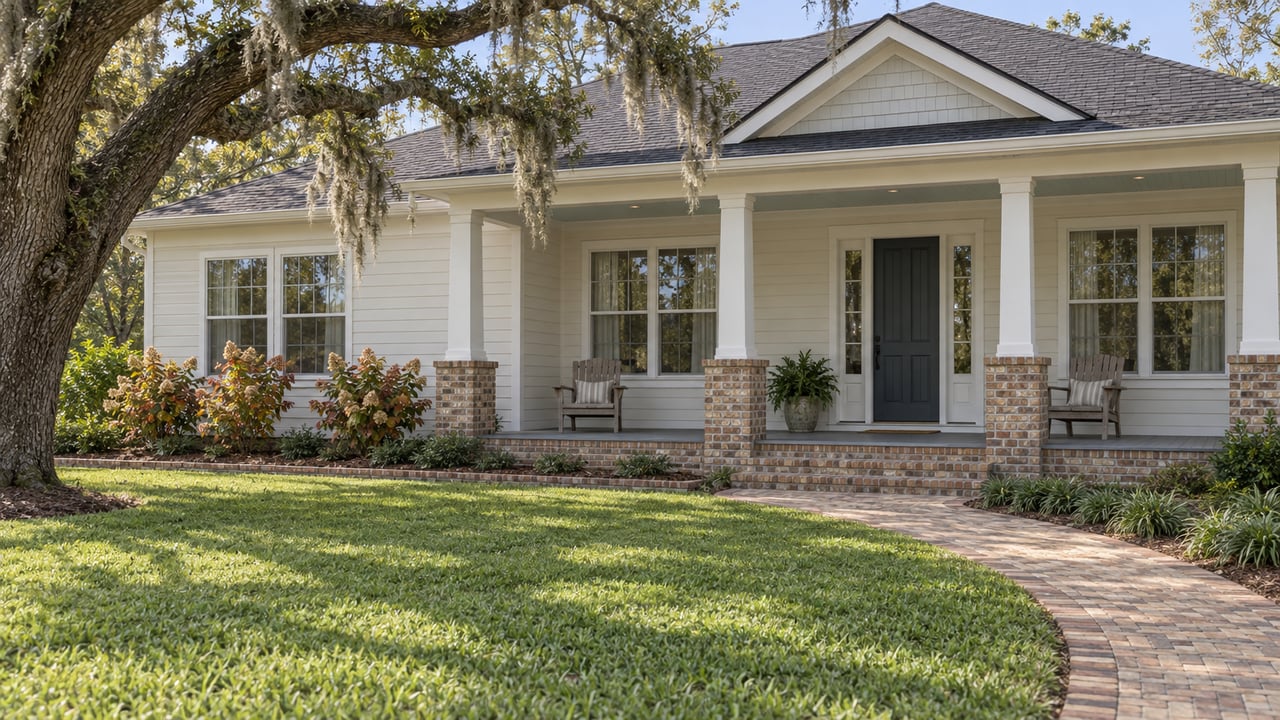 Ivory clapboard home with a broad covered porch, brick approach walk and mature live oak across a deep front lawn.