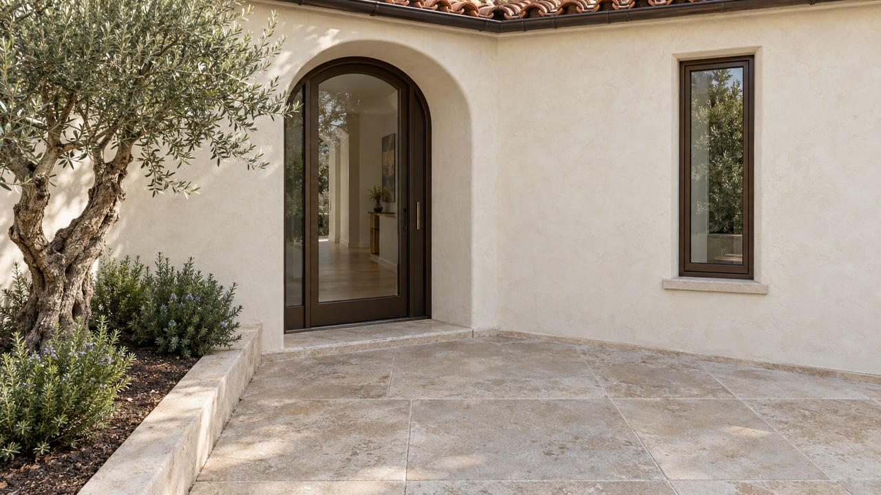 Cream stucco house entry with an arched bronze-framed glass door, limestone walkway, and olive tree in a raised planter.