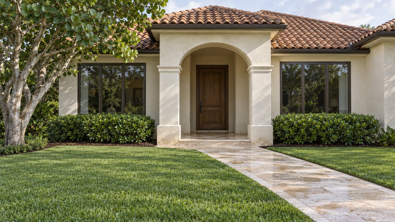 Ivory stucco home with a terracotta tile roof, arched entry, limestone walkway and a broad lawn beneath a sea grape tree.