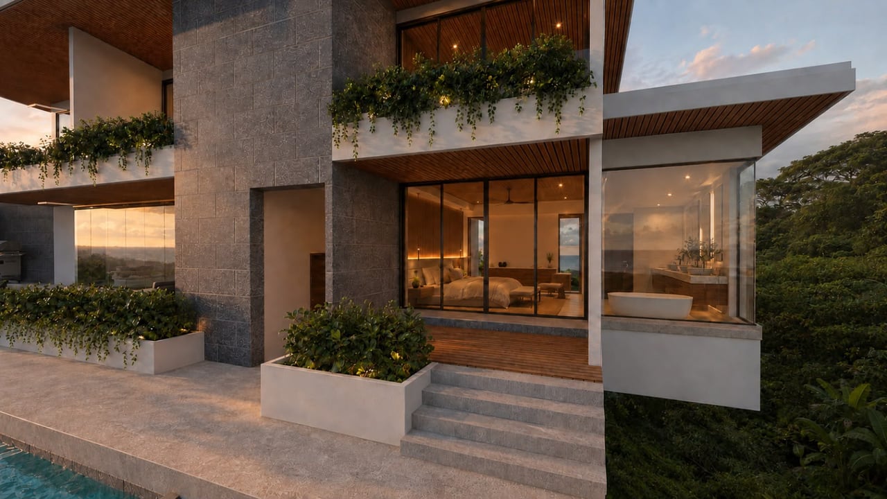 Modern stone-and-wood home with planted terraces, a pool, and a distant water view at dusk.