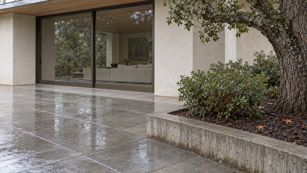 Rain-darkened limestone terrace beside a glazed luxury home, with a raised planting bed containing a mature oak and two manzanita shrubs.