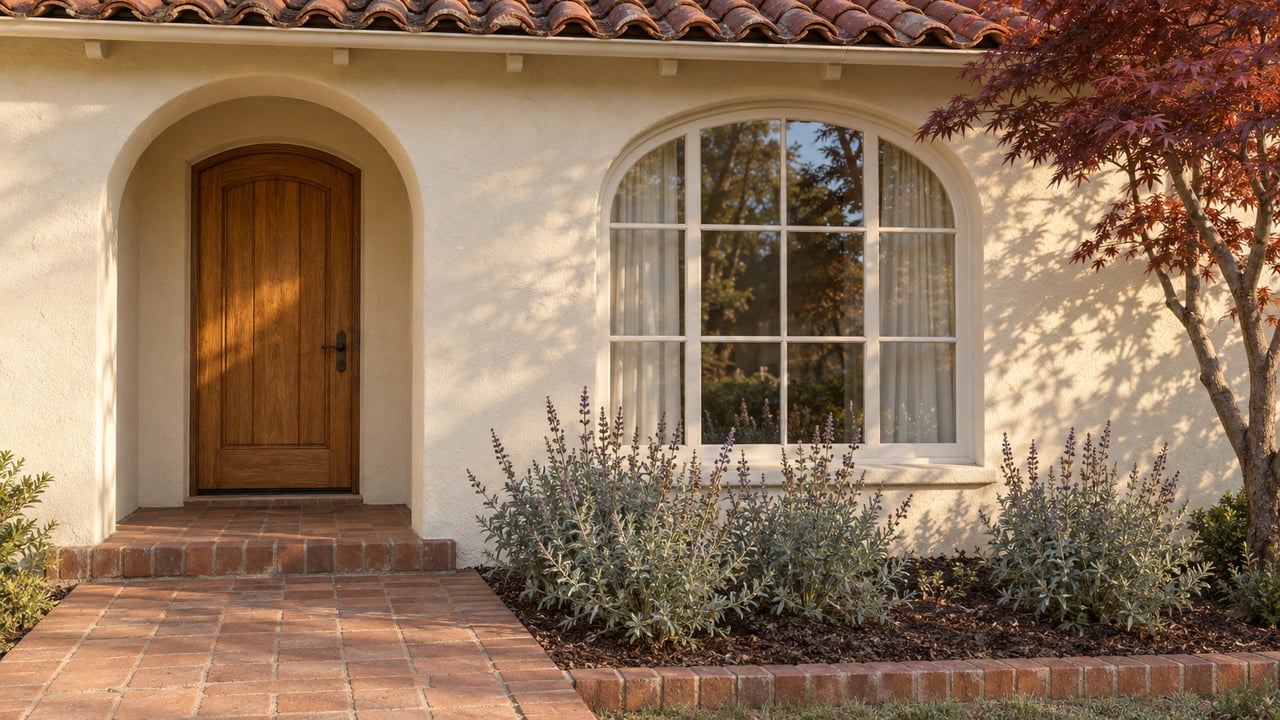Clay-paver approach to a cream stucco home with an arched oak entrance, divided-pane window, red tile roof, and copper-red maple foliage.